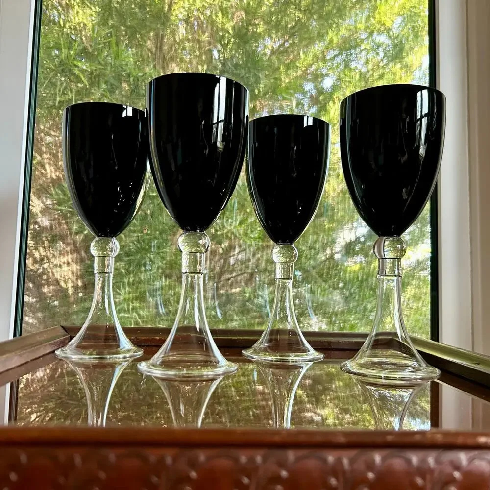 Set of 4 Pier 1 Imports Vintage Dante Black Wine Glasses Water Goblets